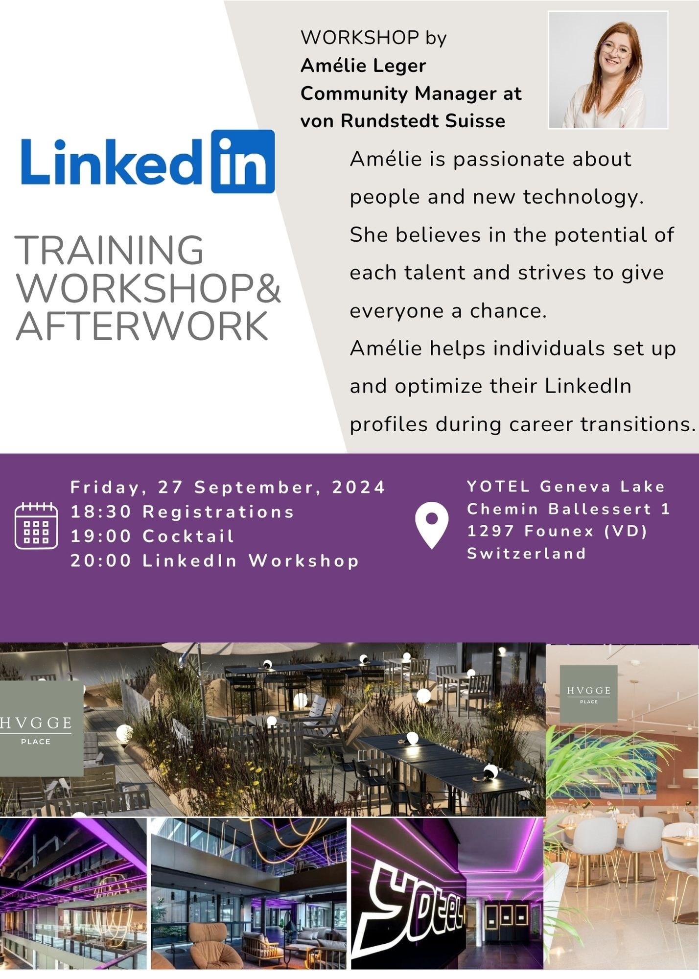 27 SEPTEMBER-LINKEDIN WORKSHOP& AFTERWORK IN YOTEL GENEVA LAKE & HVGGE PLACE